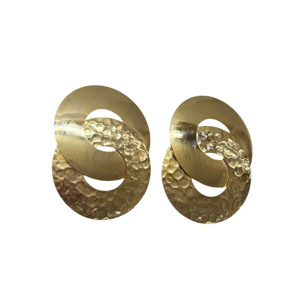 Vintage Goldtone Statement Earrings Hammered Pierced 2.2 Inch - Picture 2 of 5
